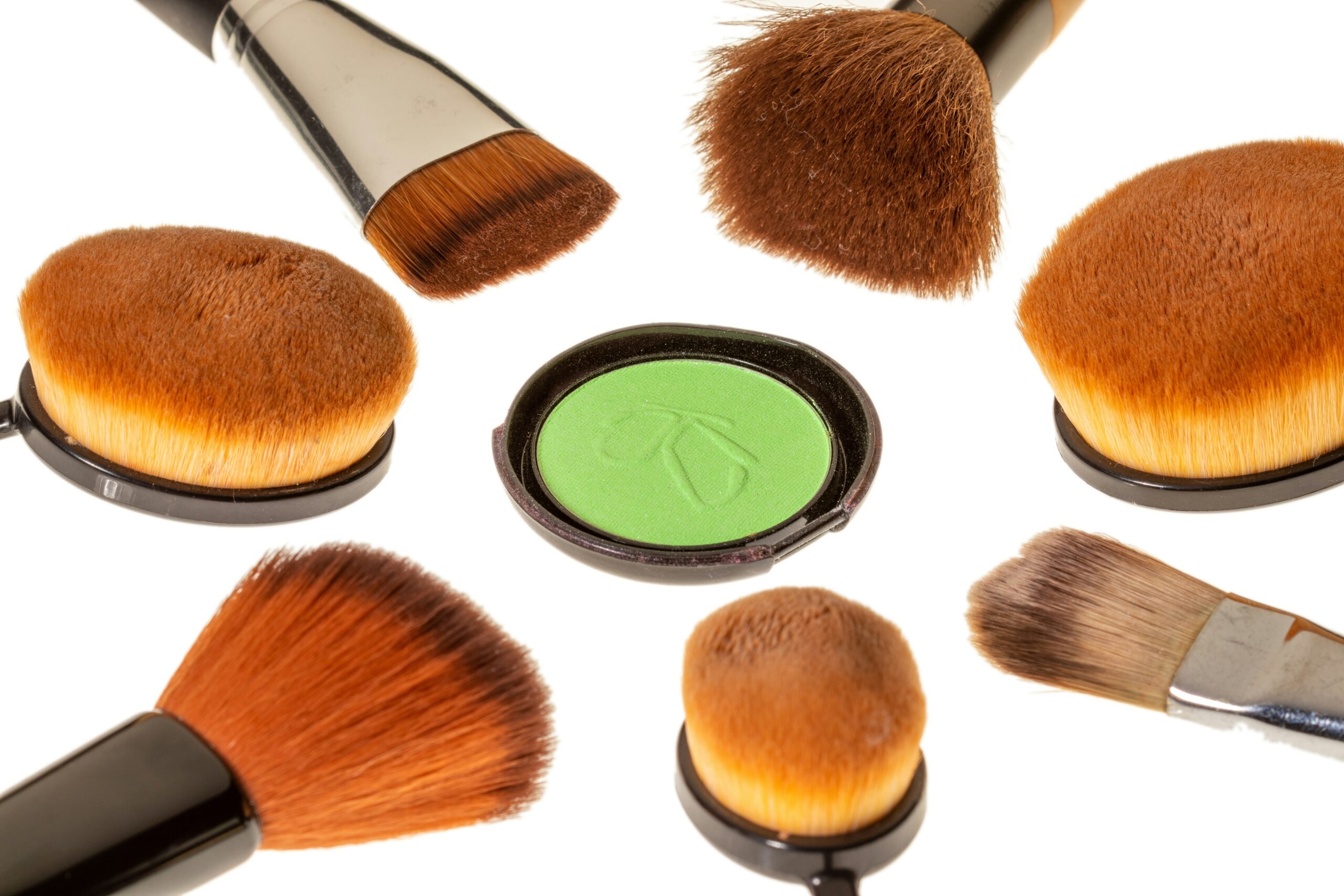 Closeup shot of high-quality waterproof makeup products lined up on a vanity
