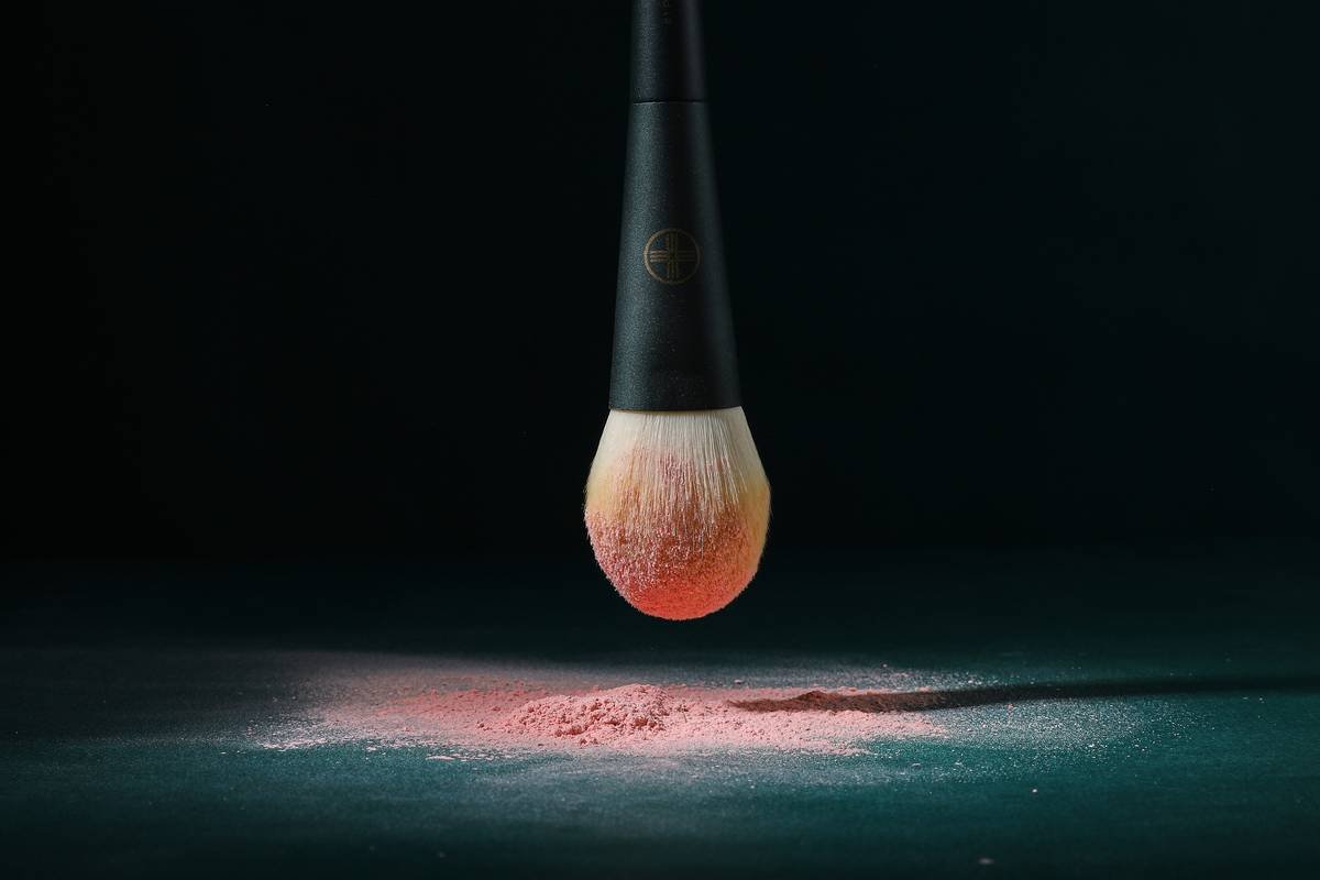 Chart comparing bronzer wear time: powder vs cream vs liquid with film-forming polymers, showing 8-hour retention rates under high humidity