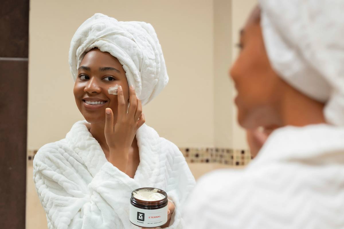 Model wearing smudge free foundation after workout, showing zero transfer or fading